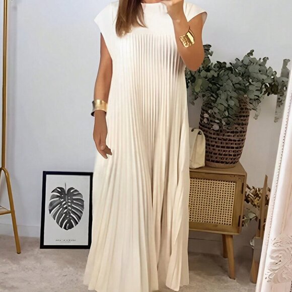 Apricot Casual Women's Solid Color Pleated Loose Spring/Summer Dress - Picture 2 of 4